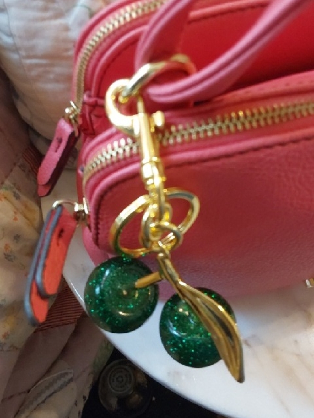 NWOT Green Resin Cherries Bag Charm, Large Goldtone Key Chain - Picture 7 of 7